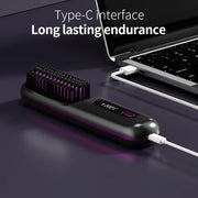 Electric LCD USB ceramic heating straight hair comb with Type-C interface charging, shown near a laptop, highlighting its portability and long-lasting endurance.