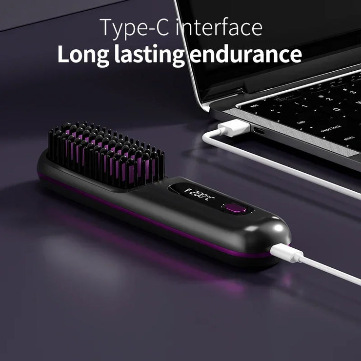 Electric LCD USB ceramic heating straight hair comb with Type-C interface charging, shown near a laptop, highlighting its portability and long-lasting endurance.