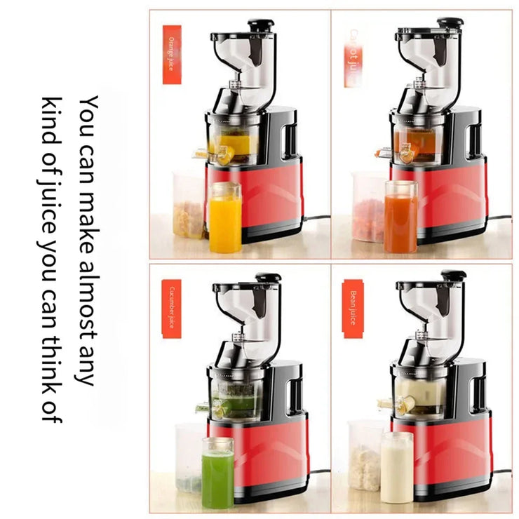 Houselin 7 inch Cold Press Juicer making various juices with pulp separator.