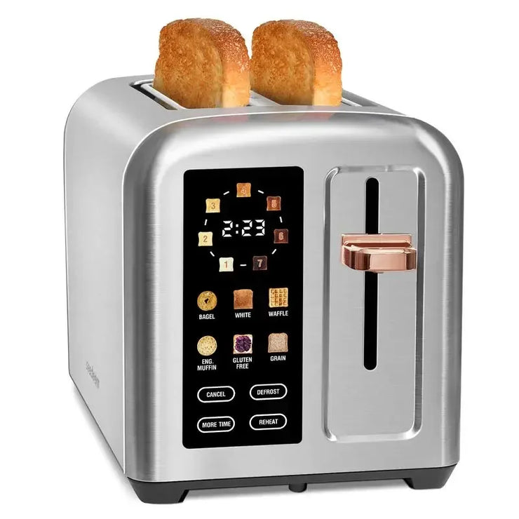 Toaster 2 slice with stainless steel design, LCD display, and touch buttons.