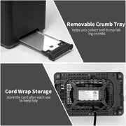 Toaster with removable crumb tray and cord wrap storage for easy cleaning and organization.