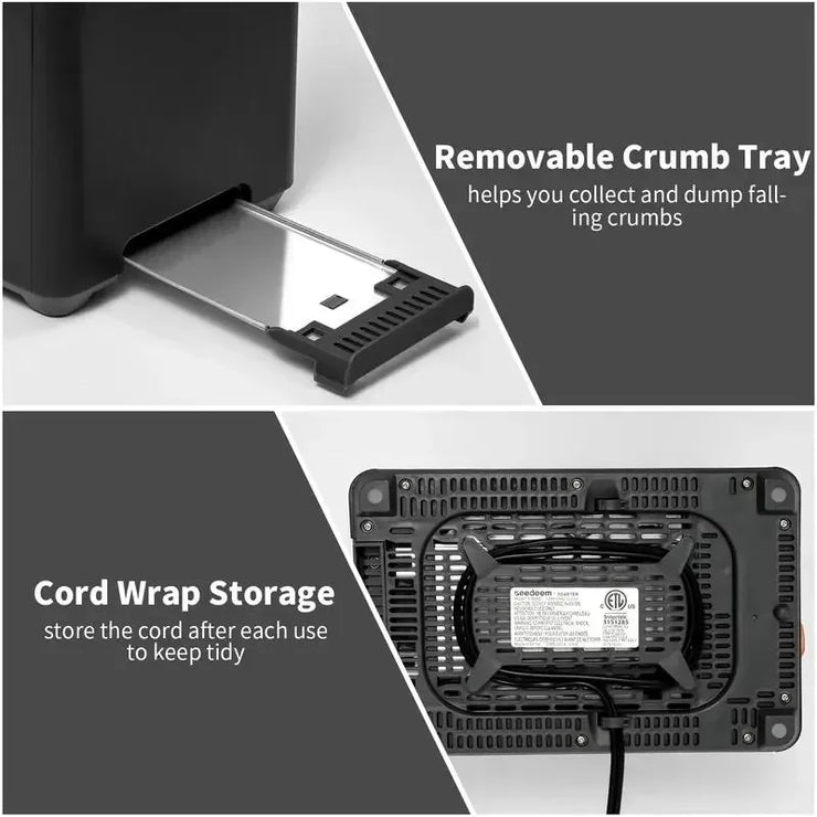 Toaster with removable crumb tray and cord wrap storage for easy cleaning and organization.