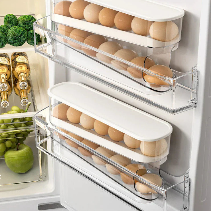 Double-layer rolling egg dispenser in refrigerator, automatic scrolling egg holder, large capacity.