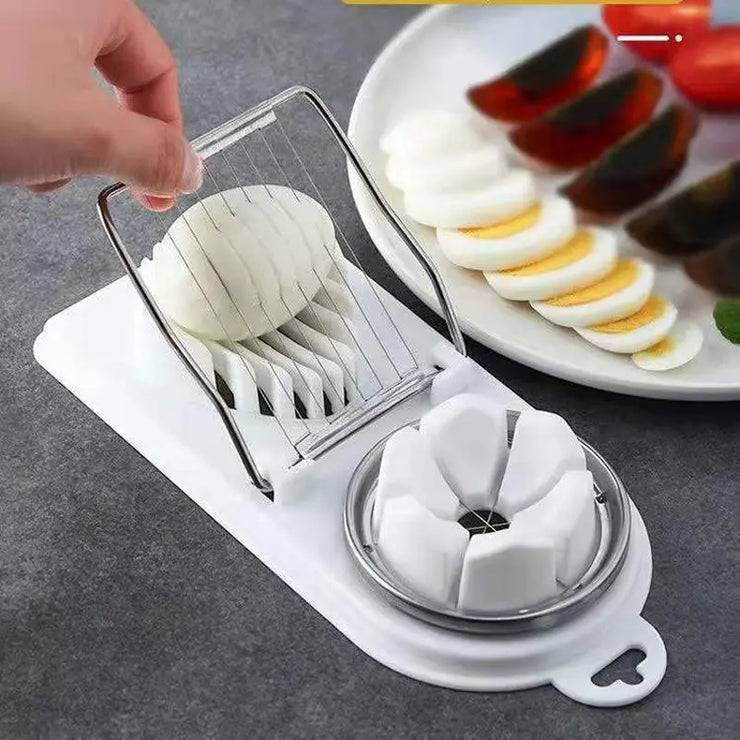 Multifunctional stainless steel egg slicer with cutting and splitting features, compact kitchen tool.