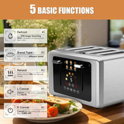 4 Slice Toaster with Touchscreen and Dual Control Panels, featuring 5 basic functions and digital countdown.