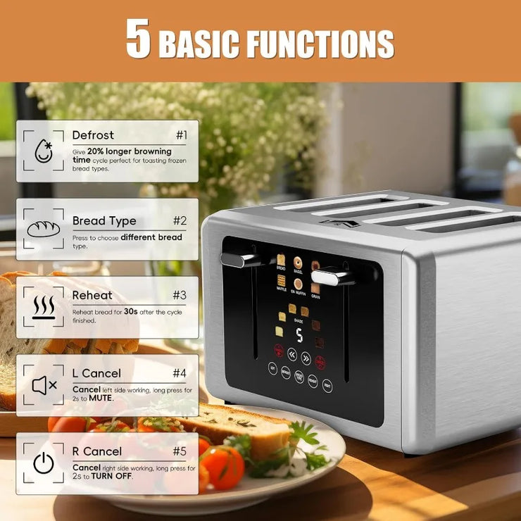4 Slice Toaster with Touchscreen and Dual Control Panels, featuring 5 basic functions and digital countdown.