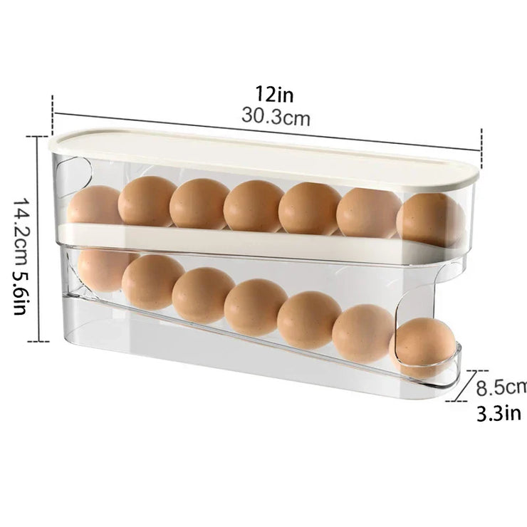 Double-layer rolling egg dispenser with automatic scrolling, large capacity kitchen storage box.