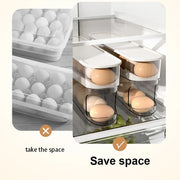 Double-layer rolling egg dispenser in refrigerator, saving space, holding eggs securely.
