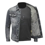 Men's denim jacket in vintage wash with distressed design, slim fit, long sleeves, and casual style.