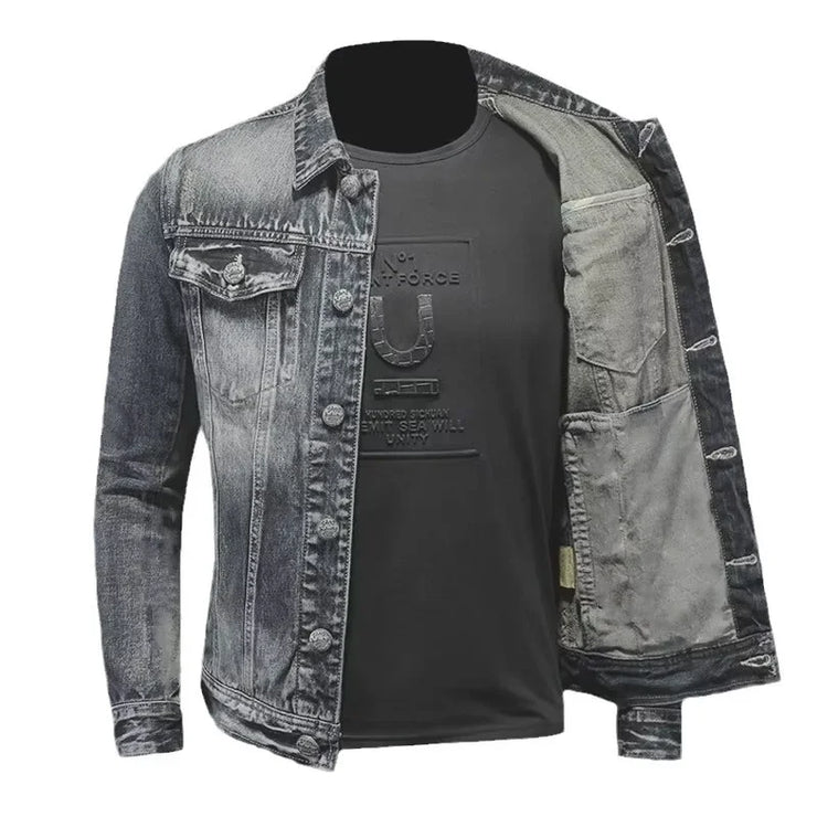 Men's denim jacket in vintage wash with distressed design, slim fit, long sleeves, and casual style.