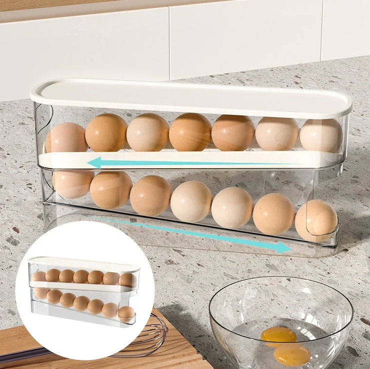 Double-layer egg dispenser with automatic rolling design for refrigerator storage.