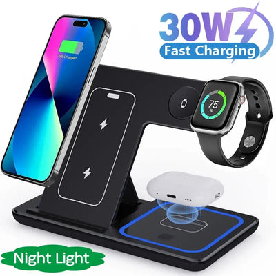 30W LED Fast Wireless Charger Stand 3 in 1 Foldable Charging Station For iPhone 15 14 13 12 11 Apple Watch 9 8 7 6 5 Airpods Pro-The Joop Basket