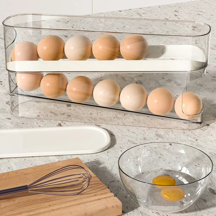 Double-layer rolling egg dispenser with automatic scrolling, large capacity, and space-saving design for kitchen use.