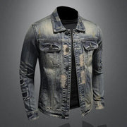 2023 men's retro denim jacket with frayed design, loose fit, and lapel collar.