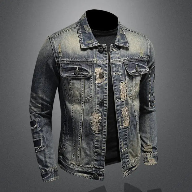 2023 new men's denim jacket retro trend loose casual handsome streetwear high street fashion hole Slim lapel denim jacket-The Joop Basket