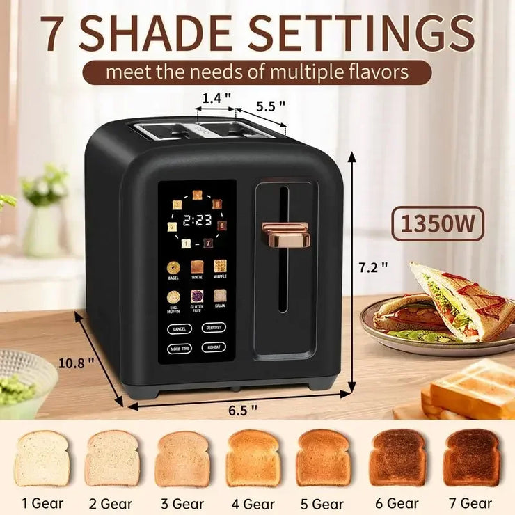 Toaster 2 slice stainless steel with LCD display and touch buttons, featuring 1.4'' wide slots and 7 shade settings for faster heating.