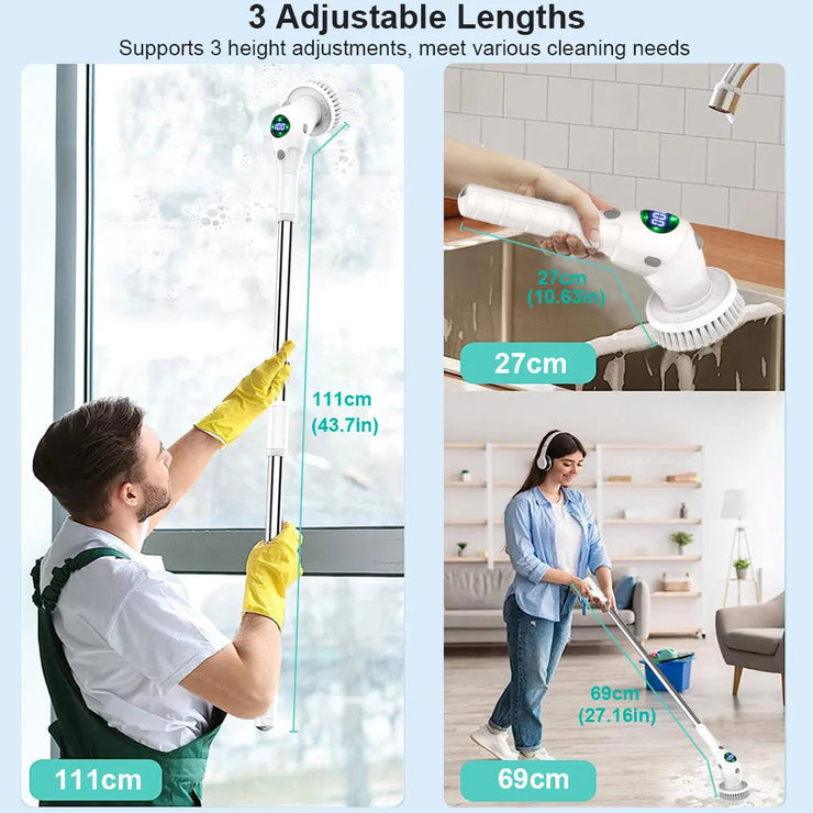 Electric cleaning brush with adjustable lengths for effortless home cleaning.