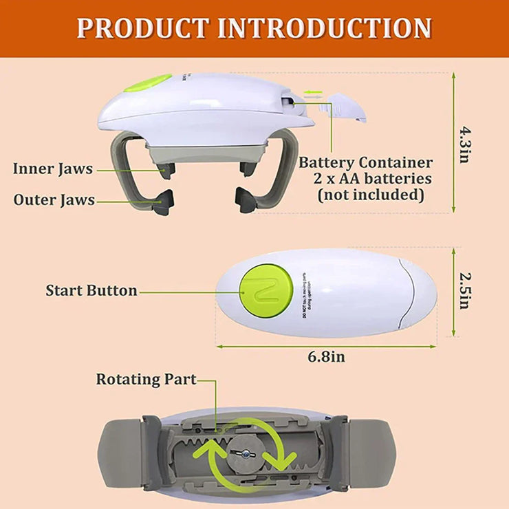 Automatic jar opener with dimensions labeled; requires 2 AA batteries (not included).