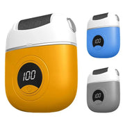 Electric foot rasp with digital display in yellow, blue, and gray colors; features ergonomic grip and three adjustable grinding heads for callus removal.