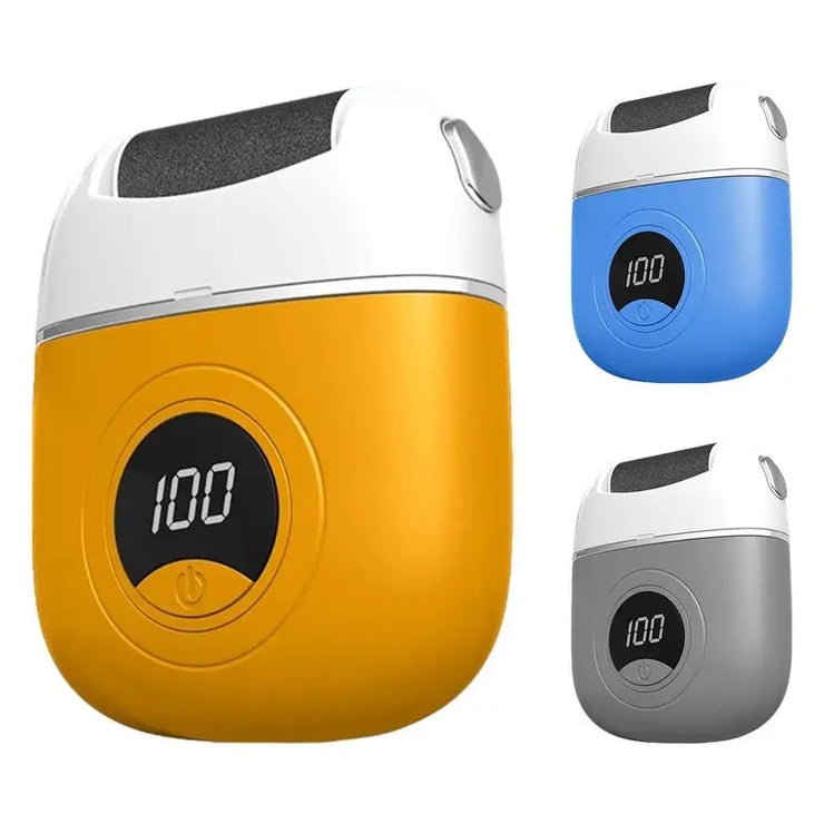 Electric foot rasp with digital display in yellow, blue, and gray colors; features ergonomic grip and three adjustable grinding heads for callus removal.