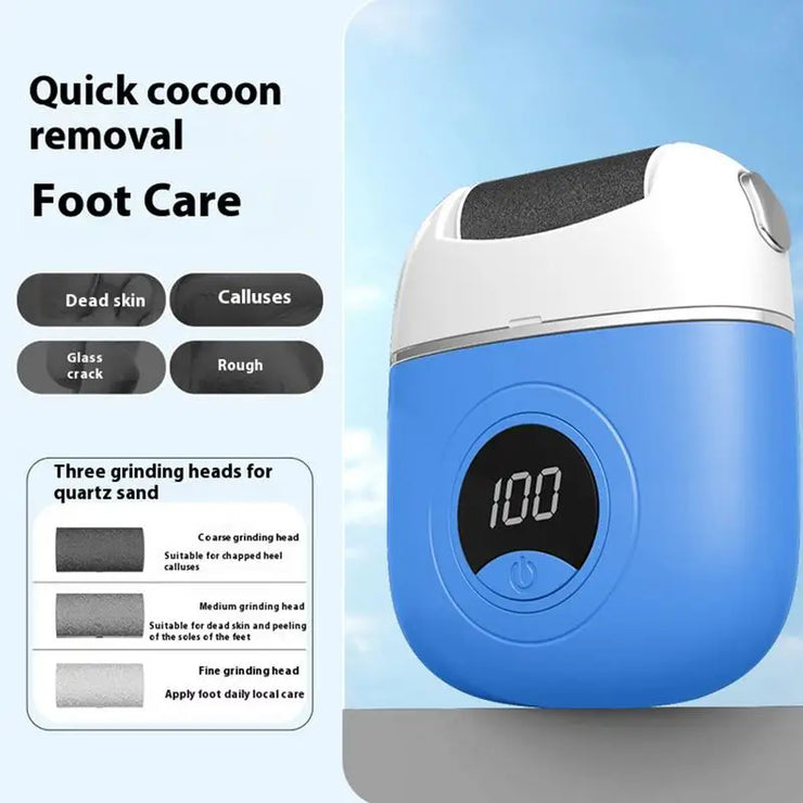 Electric foot rasp with digital display for smooth feet and callus removal, featuring three adjustable grinding heads.