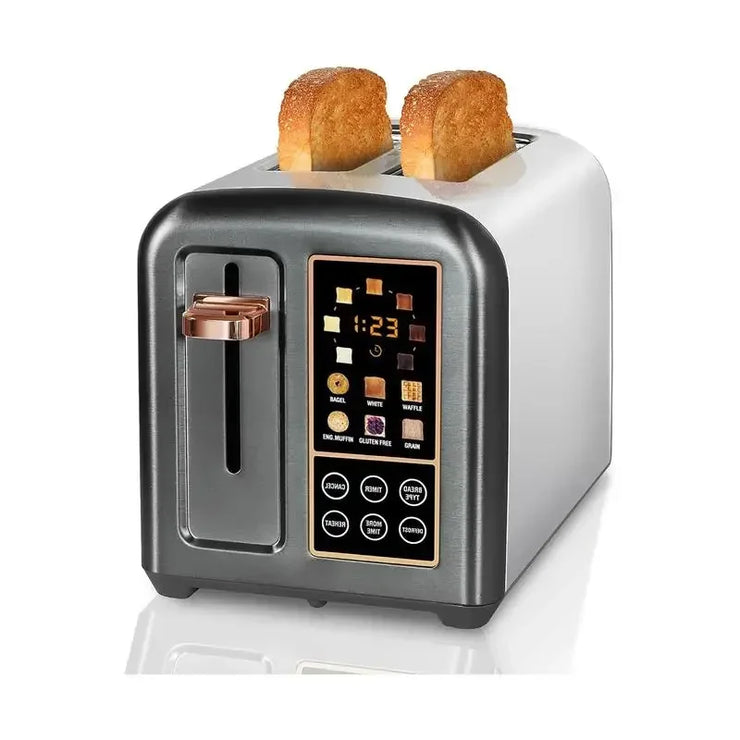 Toaster 2 slice with stainless steel body, LCD display, and touch buttons for faster heating.