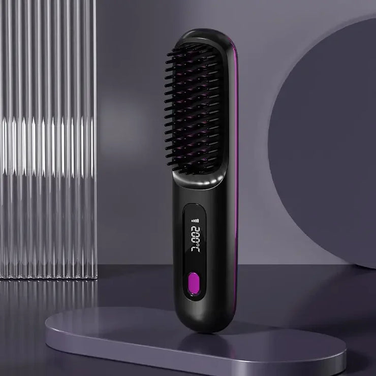 Electric LCD USB rechargeable ceramic hair straightening comb with negative ion technology on a modern display stand.
