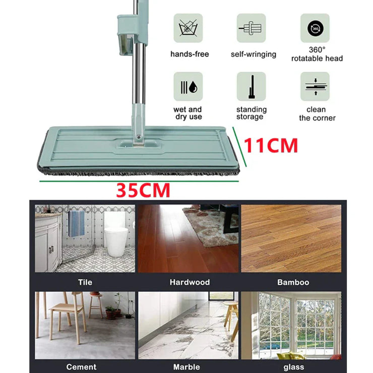 Newest microfiber flat mop with hands-free, self-wringing feature, 360° rotatable head, suitable for wet and dry use on various floors.