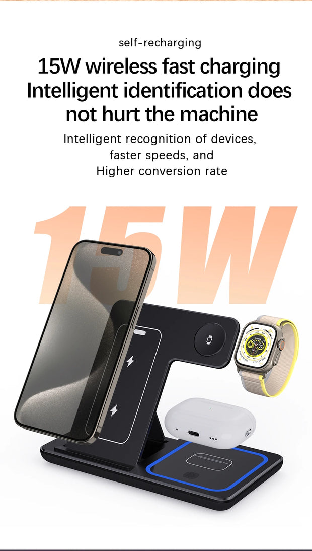 30W LED Fast Wireless Charger Stand 3 in 1 Foldable Charging Station For iPhone 15 14 13 12 11 Apple Watch 9 8 7 6 5 Airpods Pro-The Joop Basket