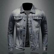 Men's denim jacket with vintage wash and distressed look, casual slim fit, long sleeve.