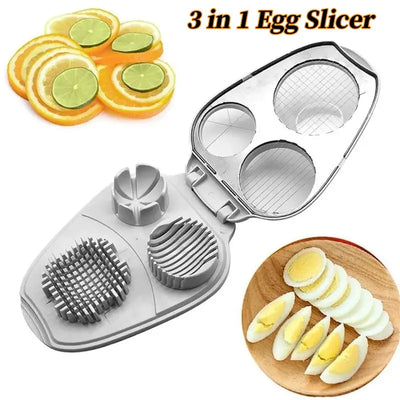 3in1 creative egg slicer with cutting discs for slicing, wedging, dicing; ideal for eggs, fruits, and vegetables.