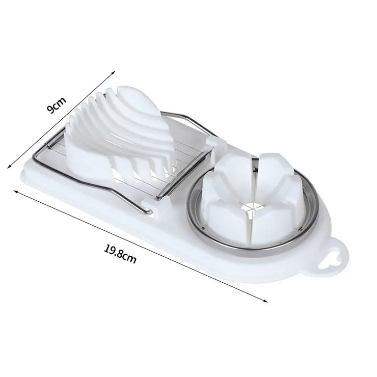 Multifunctional stainless steel egg slicer, white, measures 19.8x9cm, two-in-one splitter and slicer kitchen tool.
