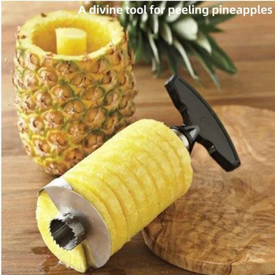 Stainless steel pineapple slicer peeler tool with handle for easy fruit preparation.