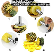 Stainless steel pineapple slicer demonstrating six steps to easily core and slice pineapples, featuring a durable blade design.