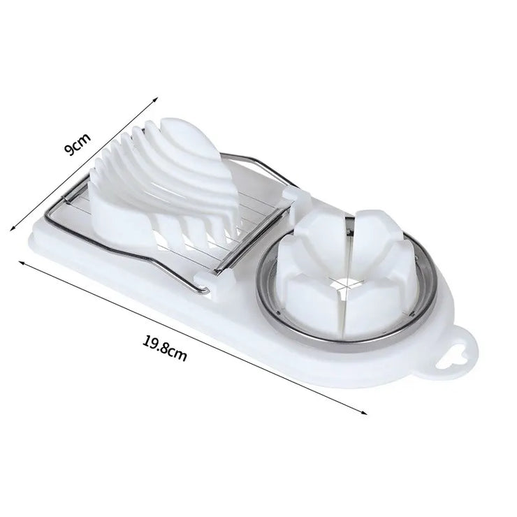 Multifunctional stainless steel egg slicer with dual functions, compact design for efficient egg preparation.