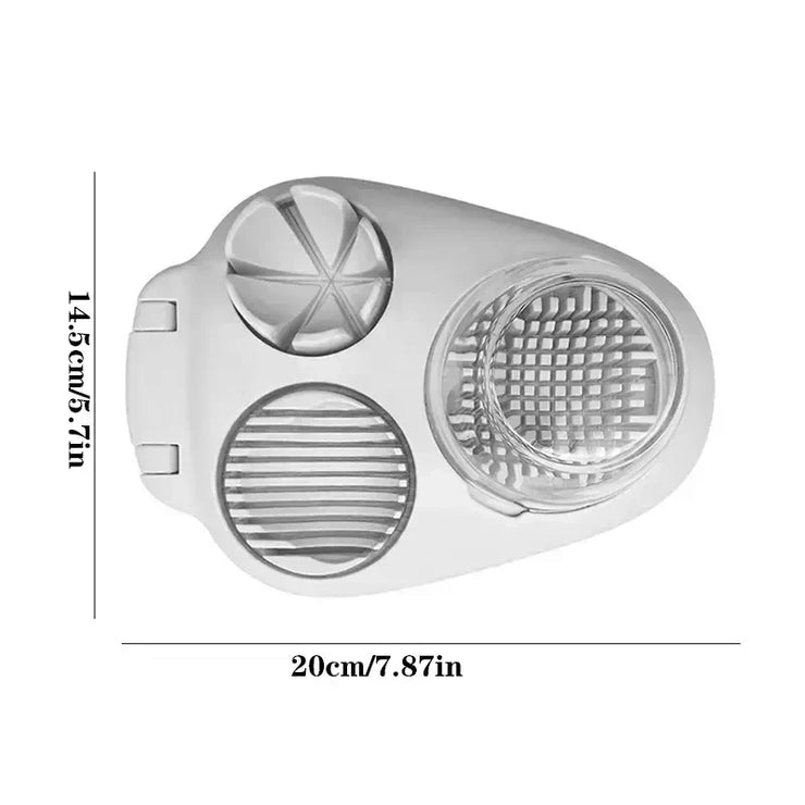 3-in-1 egg slicer with three cutting discs for eggs, fruit, and vegetables.