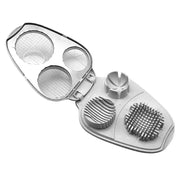 3-in-1 egg slicer with cutting discs for slicing, dicing, and wedging hard boiled eggs and vegetables.
