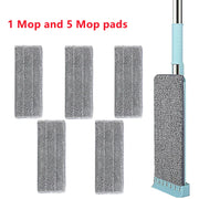 Newest microfiber flat mop with five washable mop pads and steel handle.