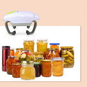 Automatic jar opener in white and green color with various sealed jars and bottles.