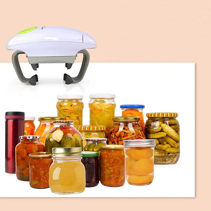Automatic jar opener in white and green color with various sealed jars and bottles.