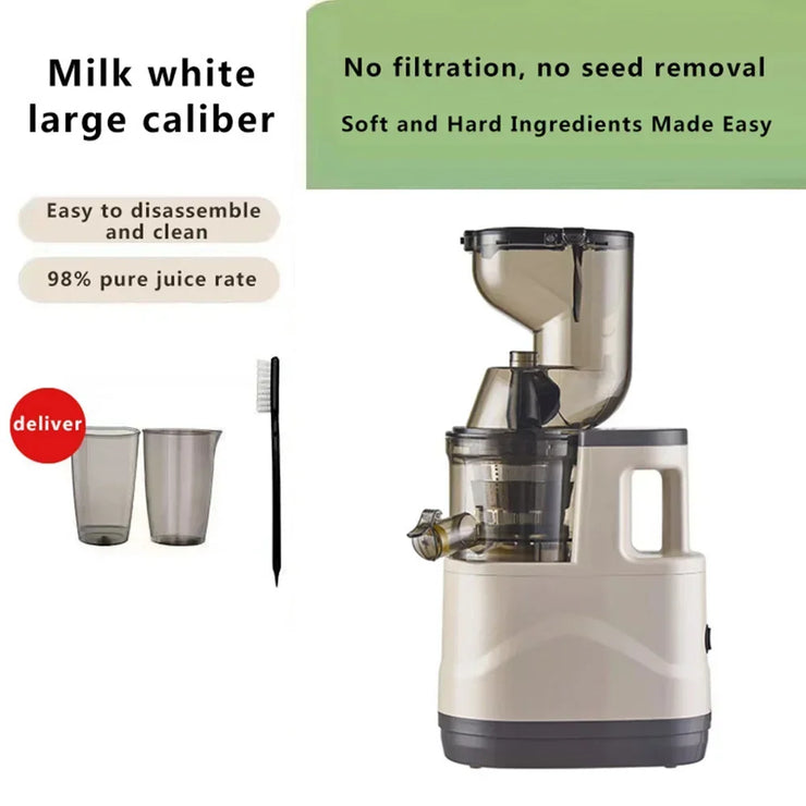 Houselin 7 inch Cold Press Juicer, easy cleaning, high juice purity, no filtration, stainless steel blade, milk white color.