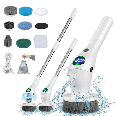 Electric cleaning brush with interchangeable heads, cordless, ergonomic, multifunctional, wireless rotatable design, Type-C charging, 2500mAh battery.