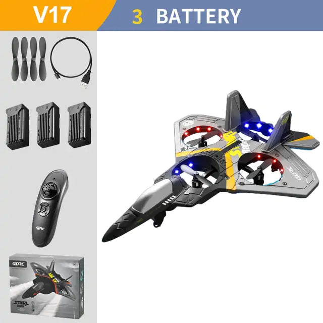 Remote control toy aircraft with controller, propellers, USB charger, and manual, featuring durable EPP construction and 2.4G remote.