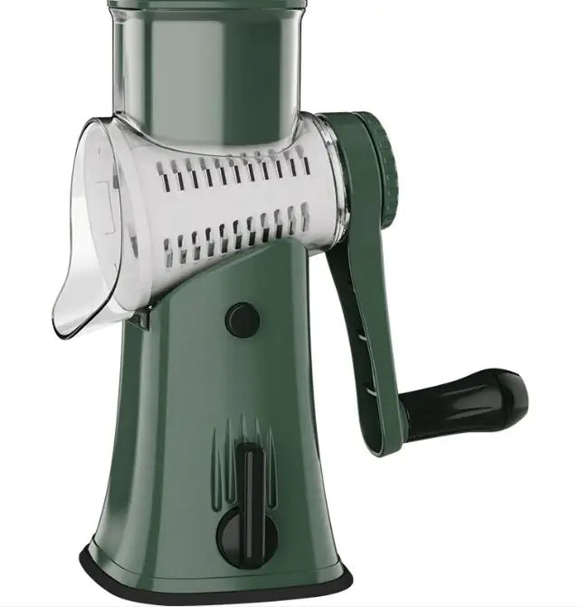 Multifunctional vegetable cutter with hand roller, ergonomic design, sharp blades, compact.