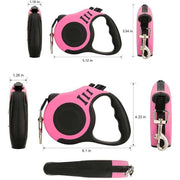 Automatic retractable pink dog leash, 3m and 5m options, ergonomic anti-slip handle.
