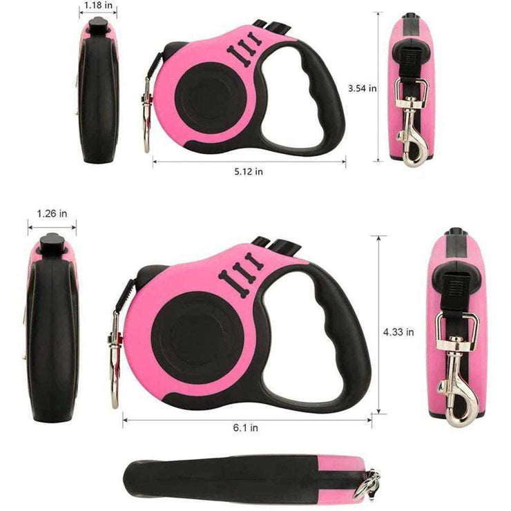 Automatic retractable pink dog leash, 3m and 5m options, ergonomic anti-slip handle.