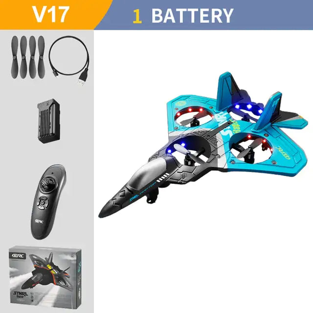 Remote control toy aircraft with accessories including battery, propellers, USB charger, and remote.