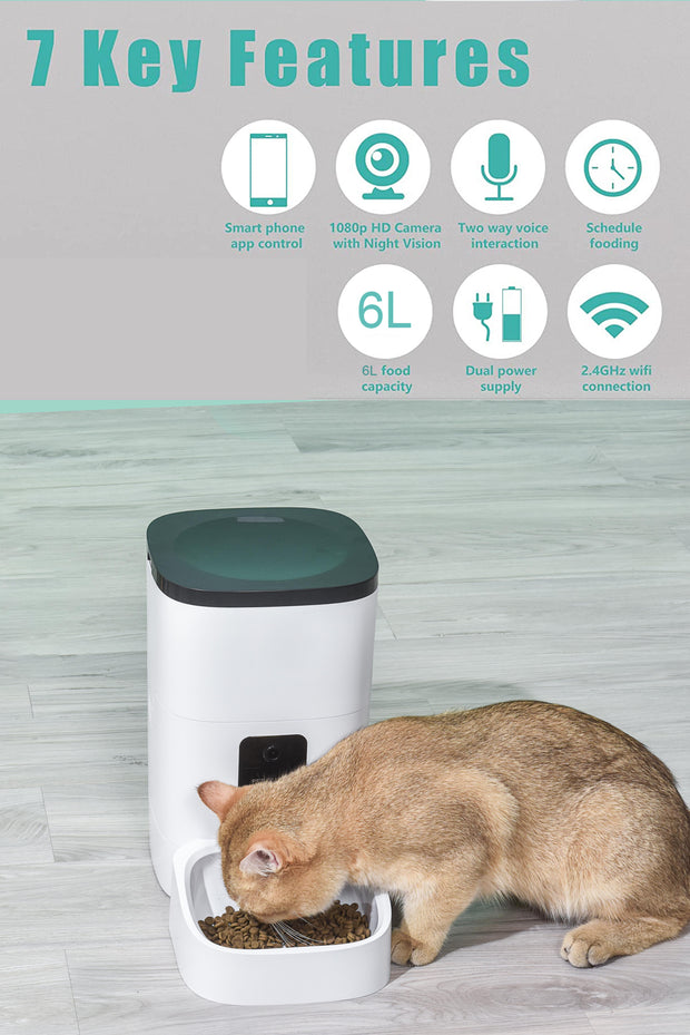 "Smart 6L Automatic Pet Feeder with 1080P Camera & App Control - Perfect for Cats & Dogs, Voice Recorder, Timed Feeding & Dual Power Supply!"