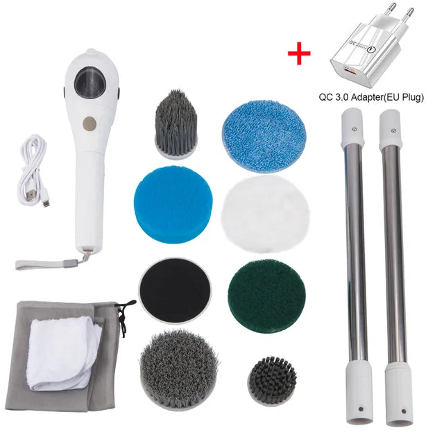 Electric cleaning brush set with interchangeable heads, telescopic poles, and charger for effortless home cleaning.
