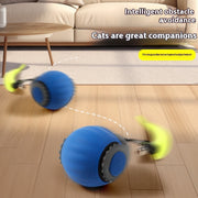 Automatic funny cat toy ball with intelligent obstacle avoidance on wooden floor.